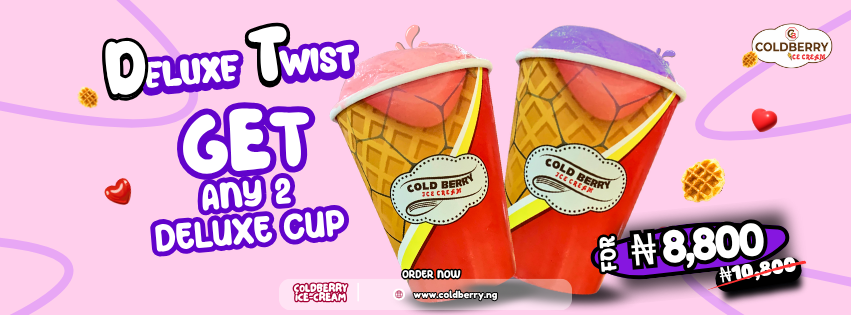 Double the fun, double the deliciousness! 🍦🍦 Grab any 2 Deluxe Cups with our DELUXE TWIST offer for just ₦8,800 (originally ₦10,800). That's a sweet deal you can't miss. Order now at www.coldberry.ng and twist your way to happiness! #coldberry_ng #ColdberryIceCream #DeluxeTwist #IceCreamLove #SweetTreats #BOGO #LagosFoodie #IceCreamDeals